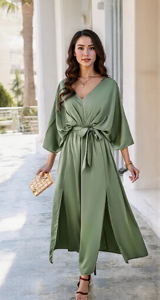 Scarlett | V-Neck Coastal Elegance Dress with Slit and Tied Sleeves