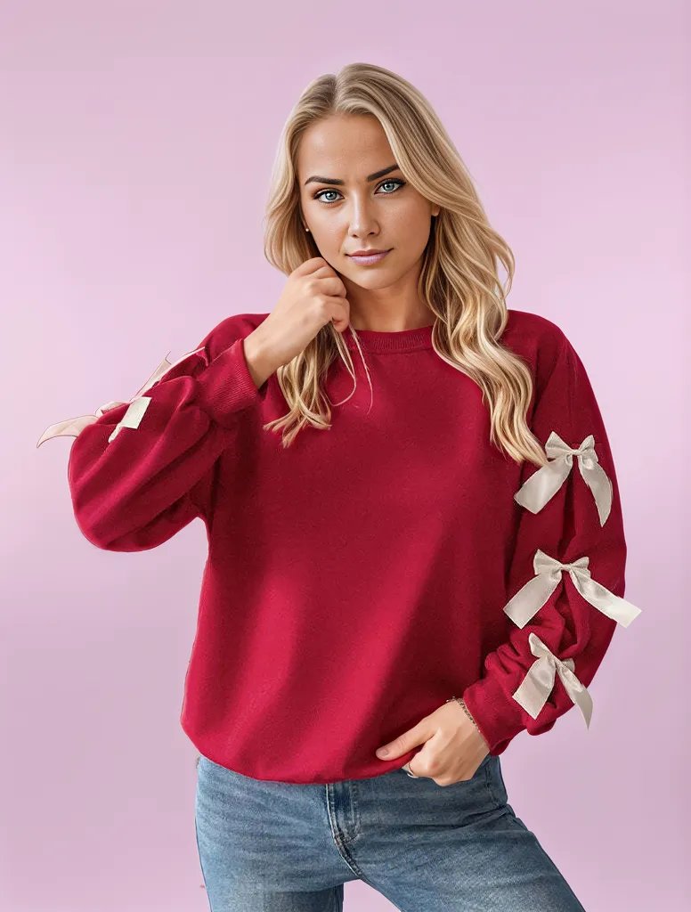 Crimson Chic Bow-Sleeve Knit Sweater