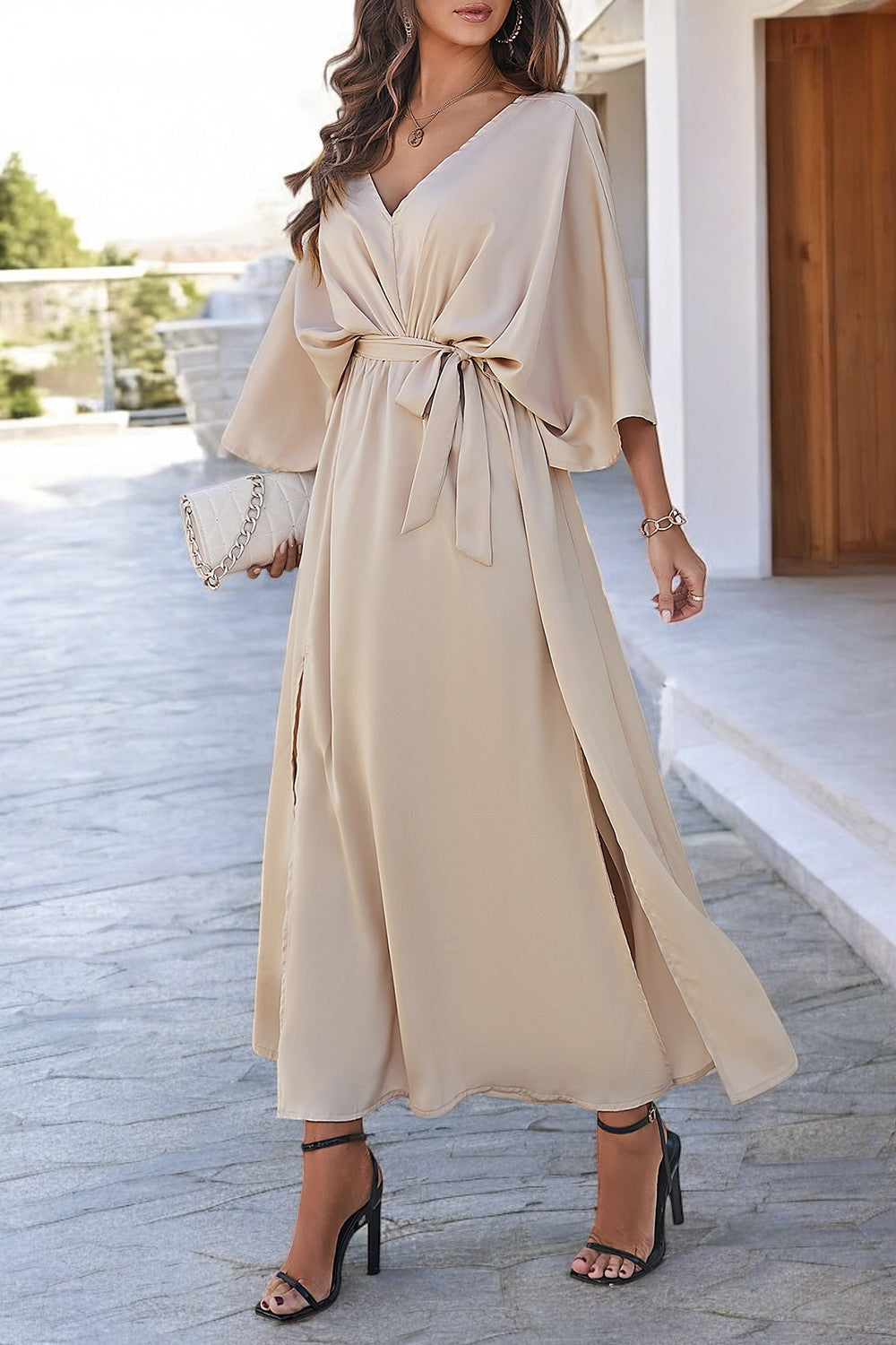 Scarlett | V-Neck Coastal Elegance Dress with Slit and Tied Sleeves