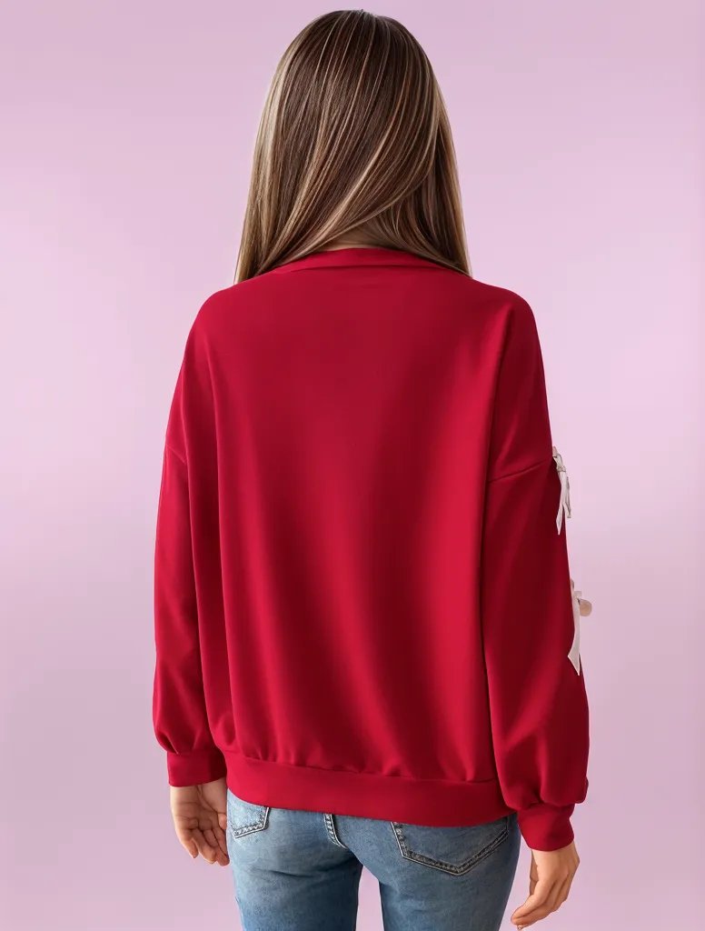 Crimson Chic Bow-Sleeve Knit Sweater