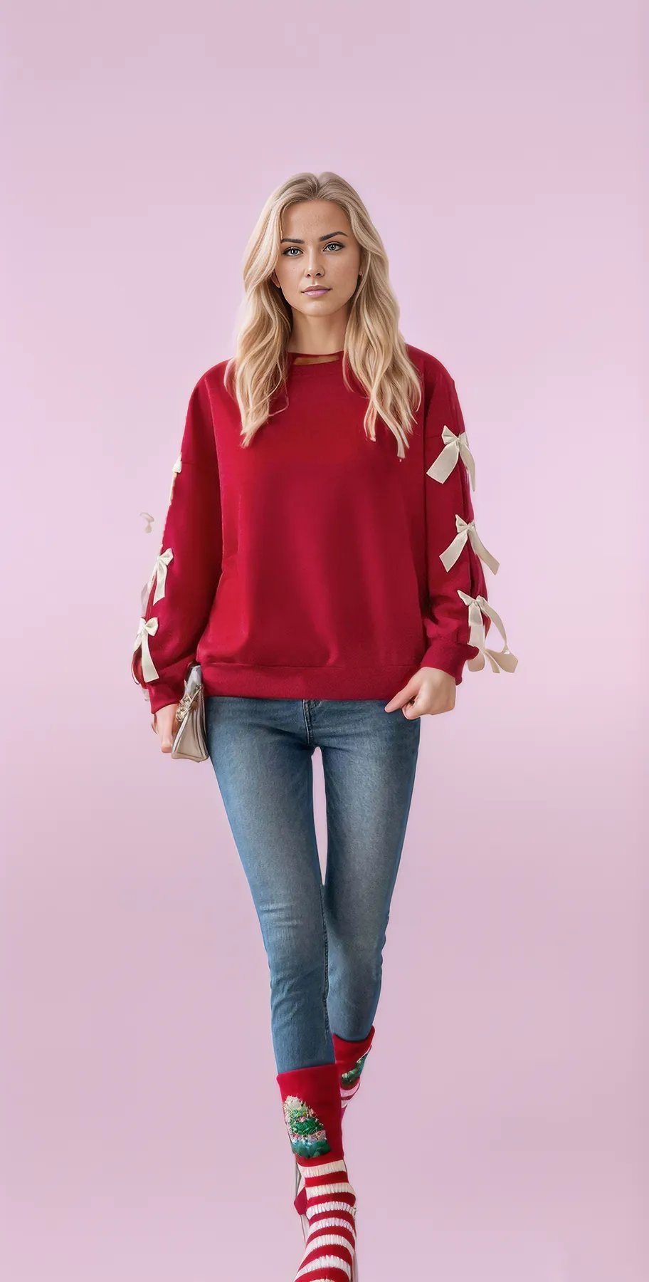 Crimson Chic Bow-Sleeve Knit Sweater