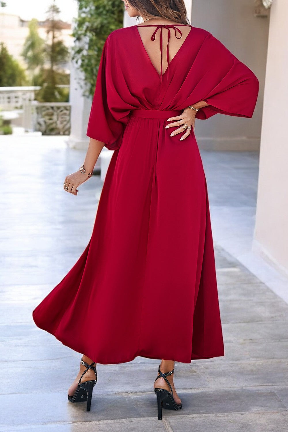 Scarlett | V-Neck Coastal Elegance Dress with Slit and Tied Sleeves