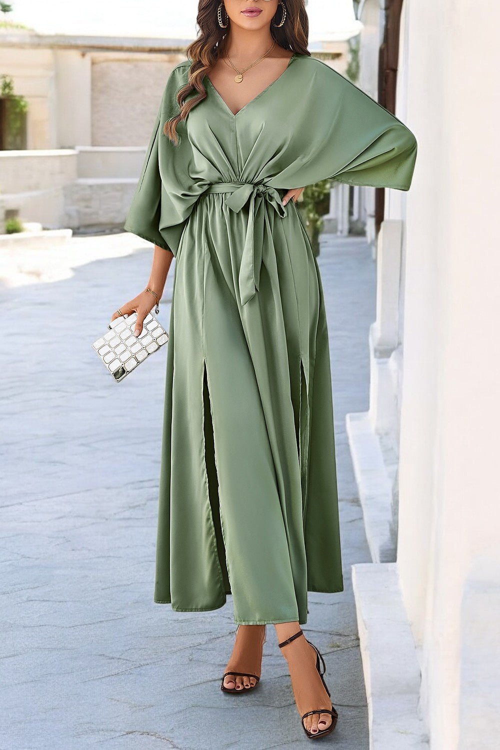 Scarlett | V-Neck Coastal Elegance Dress with Slit and Tied Sleeves