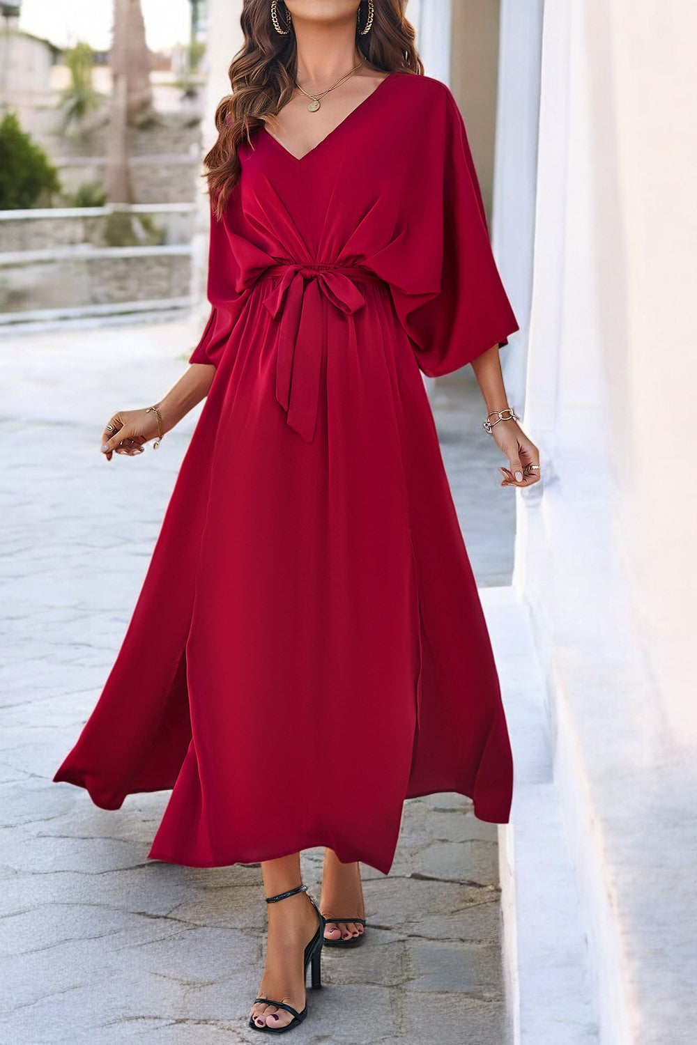 Scarlett | V-Neck Coastal Elegance Dress with Slit and Tied Sleeves