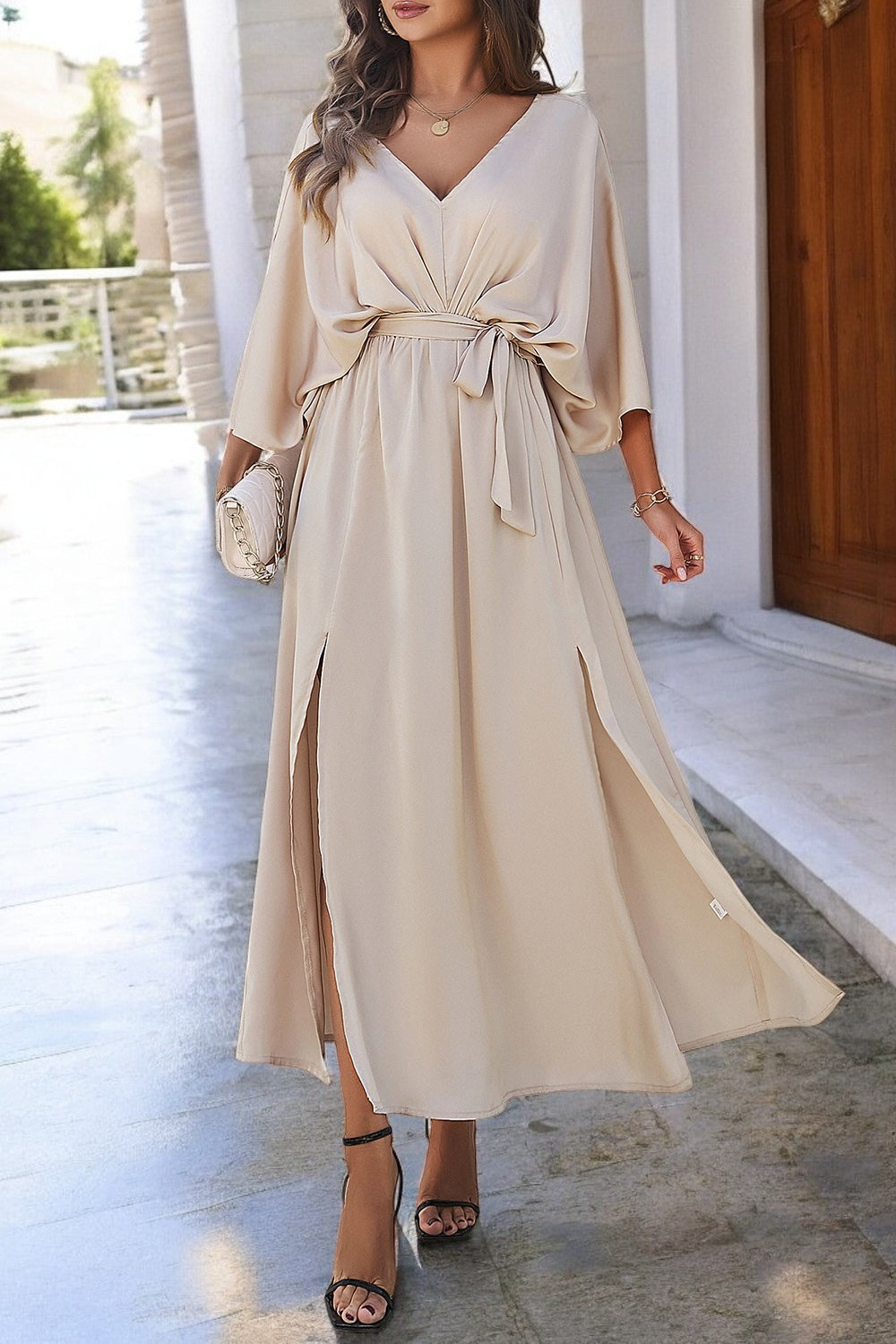 Scarlett | V-Neck Coastal Elegance Dress with Slit and Tied Sleeves