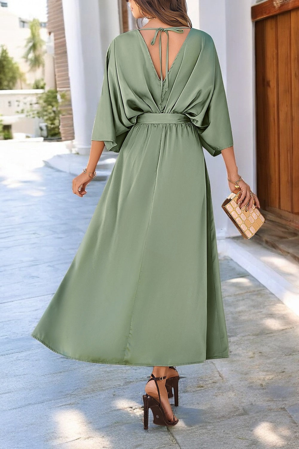 Scarlett | V-Neck Coastal Elegance Dress with Slit and Tied Sleeves