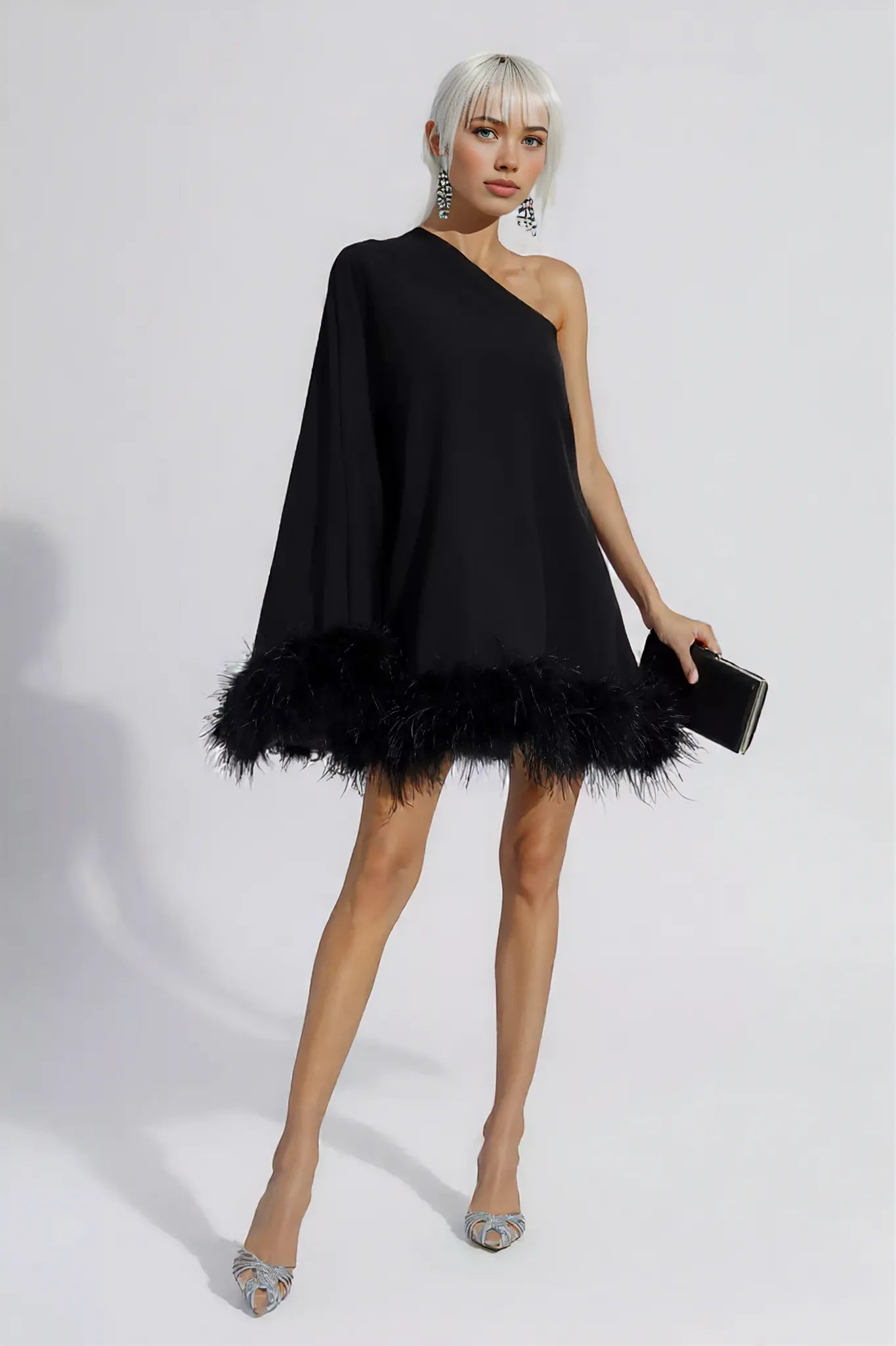 Frankie | One-Shoulder Mini Dress with Feather Details