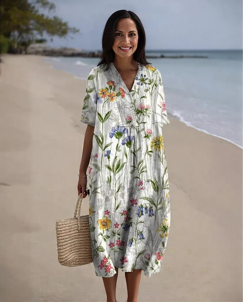 Elizabeth | Women's V-Neck Floral Summer Dress with Long Sleeves - Lightweight Cotton Blend