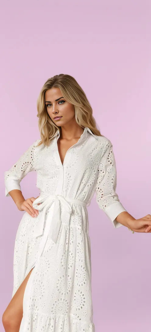 Embroidered White Midi Dress with Long Sleeves