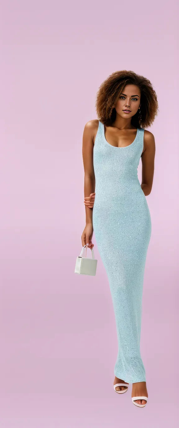 Sequin-Embellished Light Blue Maxi Dress