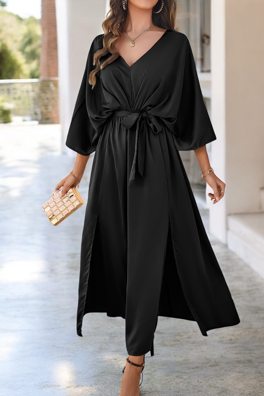 Scarlett | V-Neck Coastal Elegance Dress with Slit and Tied Sleeves