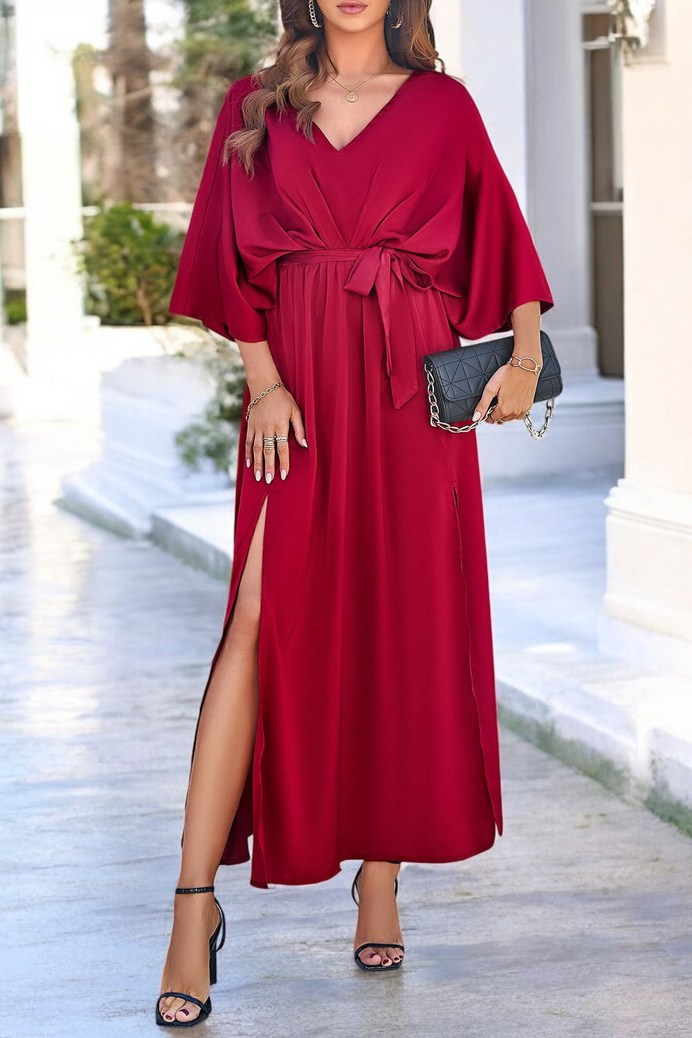 Scarlett | V-Neck Coastal Elegance Dress with Slit and Tied Sleeves