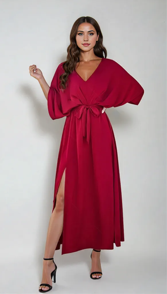 Scarlett | V-Neck Coastal Elegance Dress with Slit and Tied Sleeves