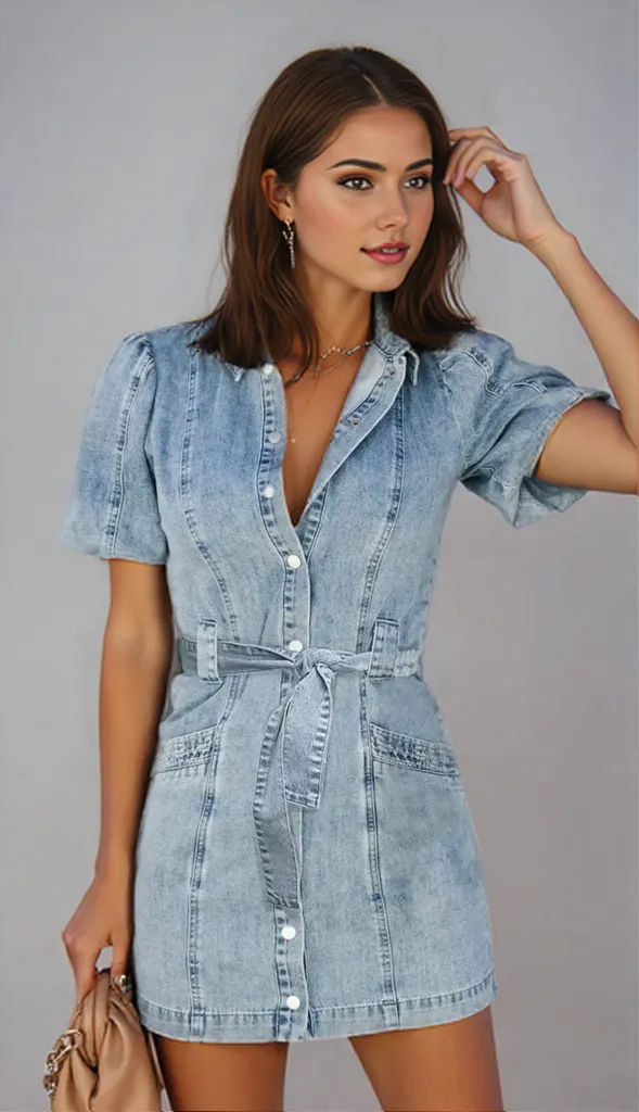 Hannah | Denim Button-Up Dress with Puff Sleeves